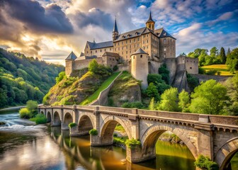 Obraz premium the road leading over the high bridge, across the river, leading to the majestic high castle