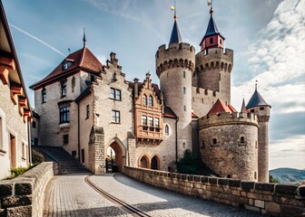 Fototapeta premium a wide stone road leading to a huge magnificent castle