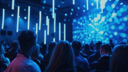 Naklejka premium diverse audience in a sleek hightech conference hall with holographic displays attentively listening to an aipowered presenter