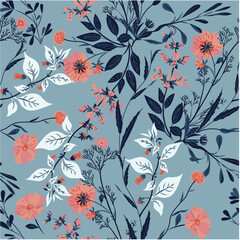 Fresh floral pattern with wildflowers on a light blue background. Vector seamless pattern in a hand-drawn style. A set of flowers and herbs scattered randomly.