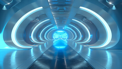 Obraz premium Futuristic teleport station in blue interior.