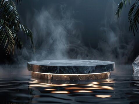 dramatic stone podium emerging from dark water silver rim glowing minimalist product display with cosmic atmosphere