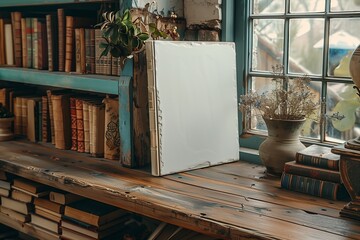 Naklejka premium Wooden Bookshelf With Blank Canvas and Dried Flowers Near Window