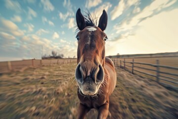 Funny image of a horse jumping directly at the camera, creating a dynamic and energetic scene. Perfect for equestrian and nature-themed visuals.