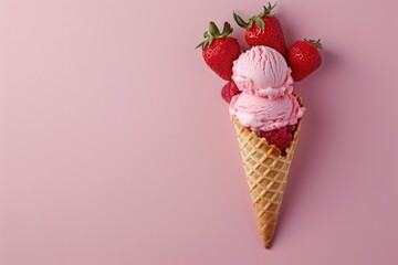 Strawberry Ice Cream Cone on Pink Background