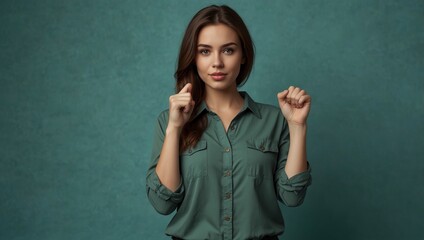 Portrait of pretty young woman raise fists empty space wear khaki shirt isolated on turquoise color background