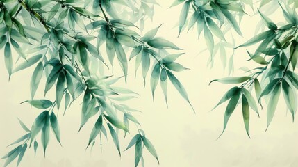 Obraz premium Abstract watercolor painting of green bamboo leaves, elegant natural background with light beige background. Tranquil and serene natural art.