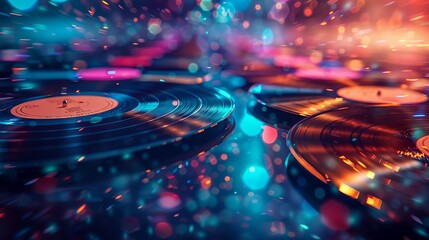 Vibrant Neon Vinyl Records with Bokeh Lights, Retro Music Vibes
