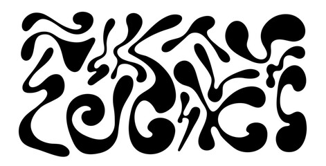 Set of black ink blots. Hand drawn cartoon decorative spots. Various shapes of spread liquid. © ANik