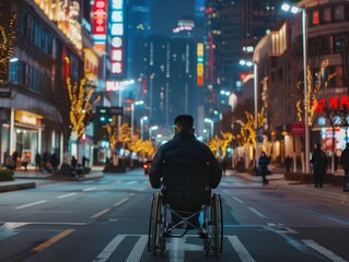 empowering scene of man in wheelchair confidently navigating modern cityscape inclusive design