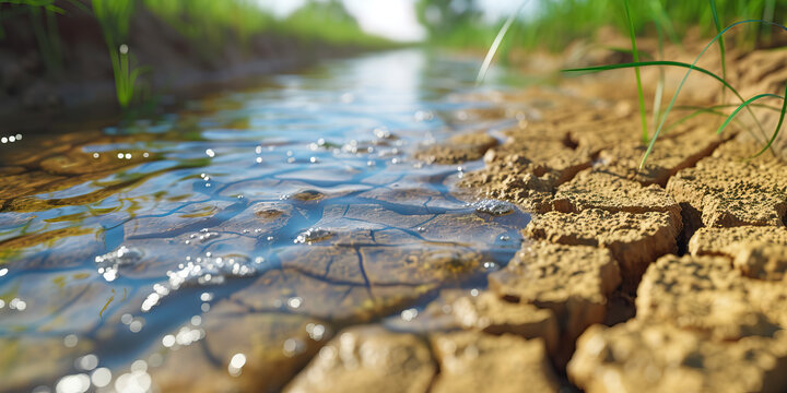 Water Scarcity: A comparison of a plentiful water source and a dried-up riverbed, emphasizing the issue of water scarcity.