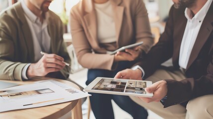 Couple and real estate agent examining property photos on a tablet, elegant office decor, close-up view, photo realistic