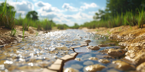 Fototapeta premium Water Scarcity: A comparison of a plentiful water source and a dried-up riverbed, emphasizing the issue of water scarcity.