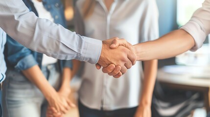 Couple and real estate agent shaking hands in an office, soft daylight, frontal shot, photo realistic finish