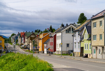 Street view with traditional colorful houses in Tromso, Norway. High resolution 60 megapixel.