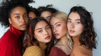 Obraz premium Studio shot of a multicultural beautiful girls with natural skin posing.young pretty asian, caucasian, afro woman posing cheerful together , lifestyle diverse nationality people concept
