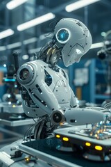 Fototapeta premium A 3D-animated scene of an AI robot assembling high-tech gadgets in a sleek factory.