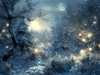 Obraz premium enchanted winter wonderland with luminous christmas trees ethereal glowing orbs and mystical creatures hidden among frosted branches soft moonlight bathes the scene in a silvery glow