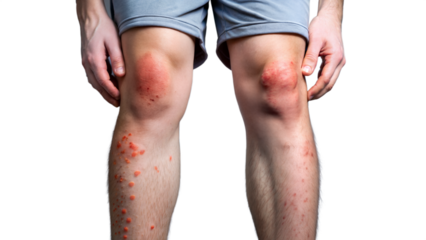 Close-up of person with skin allergies on legs showing severe redness and irritation