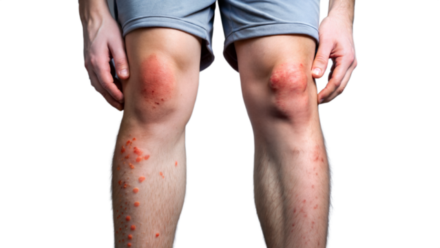 Close-up of person with skin allergies on legs showing severe redness and irritation