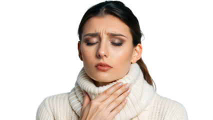 Woman suffering from sore throat on transparent background wearing a sweater