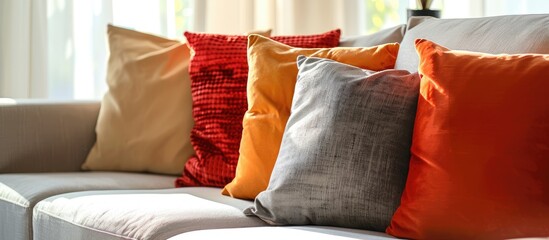 Pillows in orange, red, and beige colors resting on a comfortable grey couch in a stylish living room decor