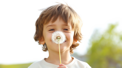 Boy with Dandelion in the Park isolated on a transparent background
