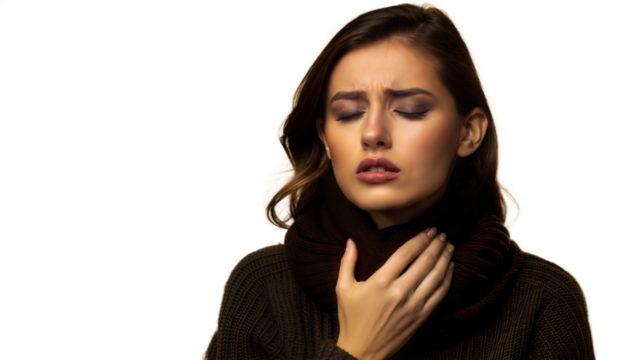 Woman experiencing sore throat sensation on transparent background