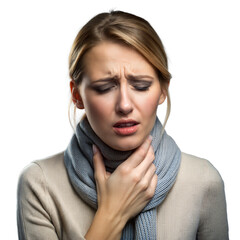 Woman experiencing sore throat feeling discomfort wearing scarf on transparent background