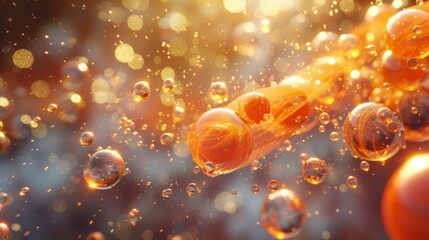 Abstract background of floating oil droplets and bubbles in water with a golden light effect. Concept of liquid, chemistry, science, and abstract art.