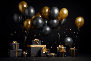 a group of black and gold balloons