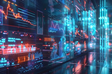 Fototapeta premium A digital finance hub with holographic data visualizations, virtual trading floors, and AI investment advisors.