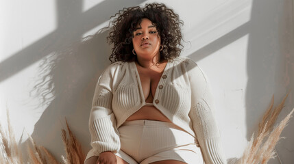 A curvy woman with a large bust is sitting on the floor in a room with a white background. She is wearing a white sweater and white shorts © losvectoresdemaria