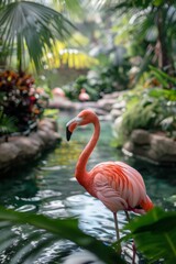 Fototapeta premium A flamingo with graceful human features stands elegantly in a lagoon, embodying beauty and balance.