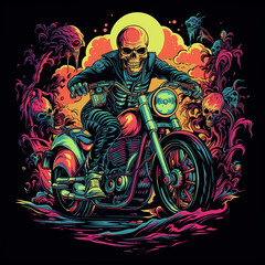 illustration of a skull riding a motorbike, clothing design