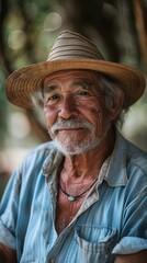 Fototapeta premium Brazilian elderly man with a fishing hat, looking relaxed