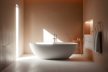 Modern bathroom interior with a freestanding bathtub in a minimalist design