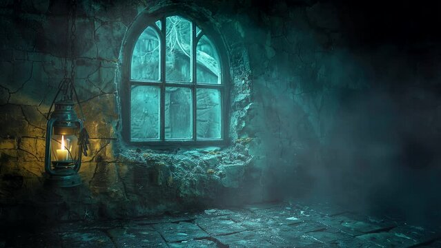 Haunted stone room with lantern and foggy window, loop video background