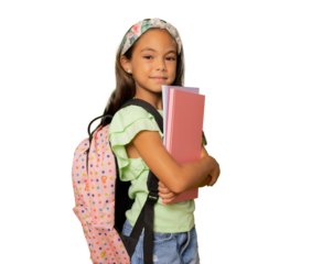 Schoolgirl with backpack posing on transparent background