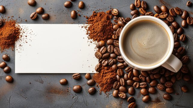 Flat lay of coffee cup, beans, powder with blank white space for text or logo. Coffee shop menu, advertisement concept with copy space