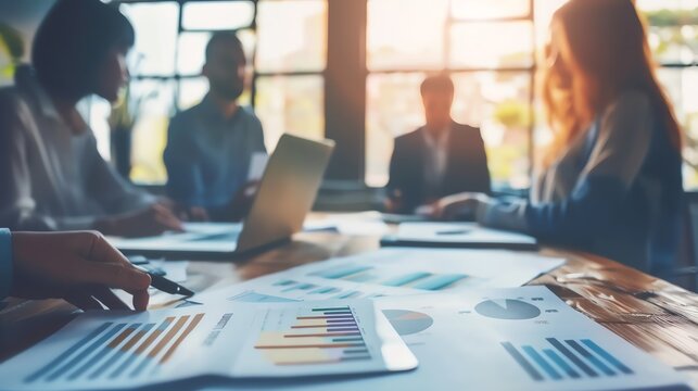 Small business professionals explaining proposals to investors in office soft ambient light front-facing shot photo realistic