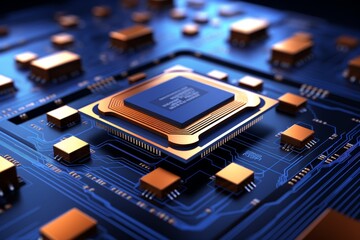 A close-up of an orange circuit board with a processor chip. The board is isolated on a blue background. The chip is the main component of the circuit board and is responsible for processing data