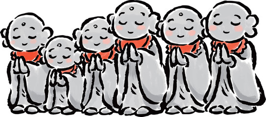 1列に並んだ色々なサイズのお地蔵さん　筆タッチ手描きイラスト