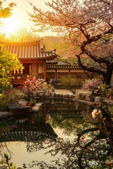 Fototapeta premium A hanok garden in full bloom, with a tranquil pond and flowering trees, bathed in the golden light of a spring evening.