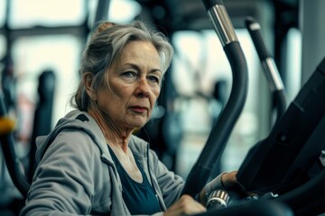 Focused elderly woman works out on a treadmill, promoting healthy lifestyle and fitness