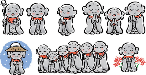 お地蔵さん　筆タッチ手描きイラストセット