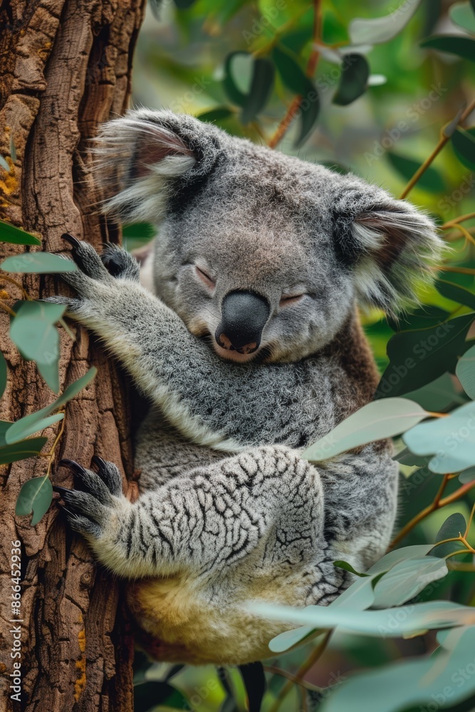 Wall mural A koala with sleepy human eyes clings to a eucalyptus tree, embodying relaxation and calmness.