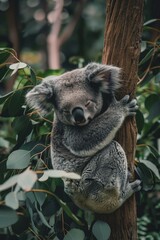 A koala with sleepy human eyes clings to a eucalyptus tree, embodying relaxation and calmness.