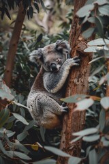 Obraz premium A koala with sleepy human eyes clings to a eucalyptus tree, embodying relaxation and calmness.