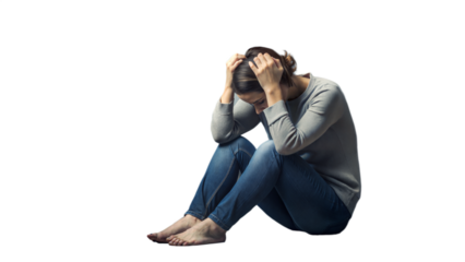 Person sitting with head in hands, suffering from depression, feeling hopeless on a transparent background